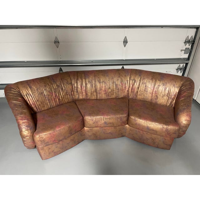 Sculptural curved sectional sofa pair by Carson’s of High Point, circa 1980s postmodern era. Each piece features the...