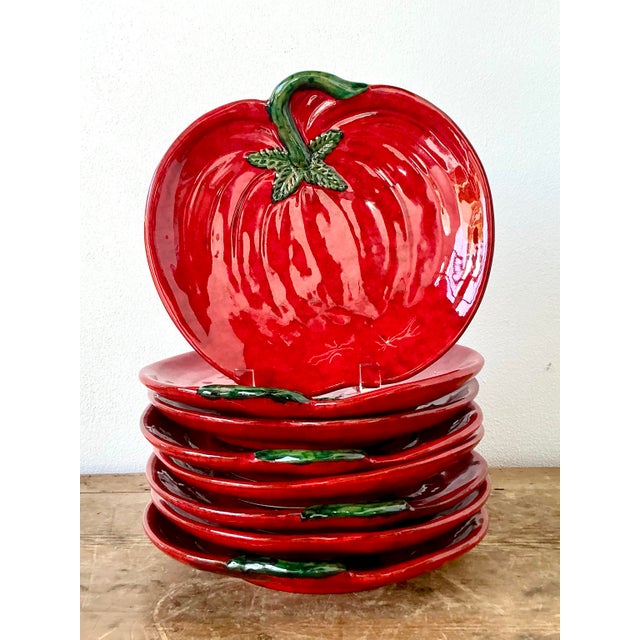 Red Vintage 1960s Italian Glazed Ceramic Tomato Plates - Set of 8 For Sale - Image 8 of 12