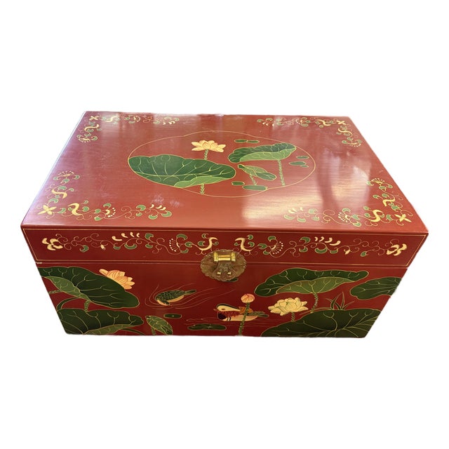 Asian Red Lacquer Trunk Hand Painted Lilly Pad Motif For Sale