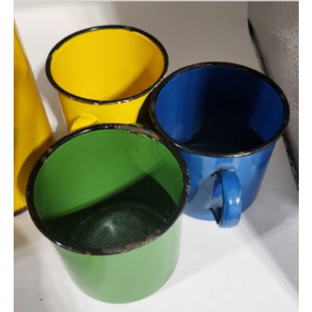 1950s Vintage Yellow Enamelware Milk Pail W/ Cups, Wooden Handle - 4 pcs For Sale - Image 5 of 6