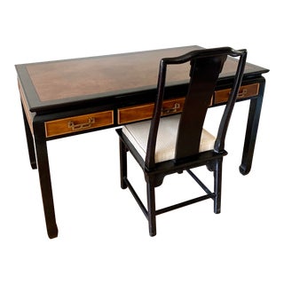 1970s Vintage Century Furniture Chin Hua Chinoiserie Desk With Burl Wood Top and Chair - Set of 2 For Sale