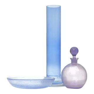 Mid-Century Cornflower Blue and Lavender Glass Vessel Curation - Group of 3 For Sale