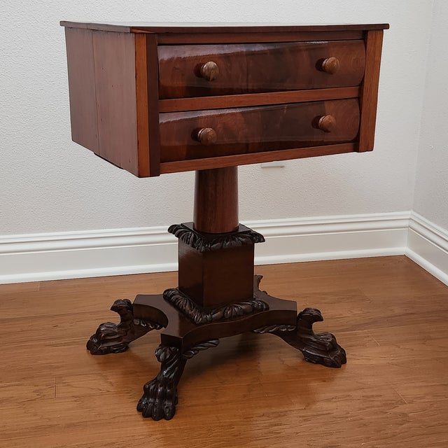 Traditional Antique Solid and Flame Mahogany American Empire Side Table or Work Table Circa 19th Century For Sale - Image 3 of 17