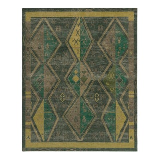 Rug & Kilim’s Distressed Style Rug in Green & Brown Geometric Patterns For Sale