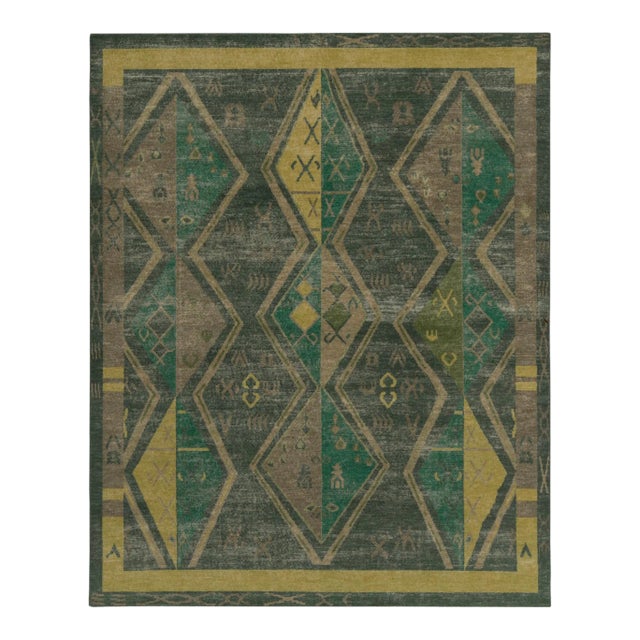 Rug & Kilim’s Distressed Style Rug in Green & Brown Geometric Patterns For Sale
