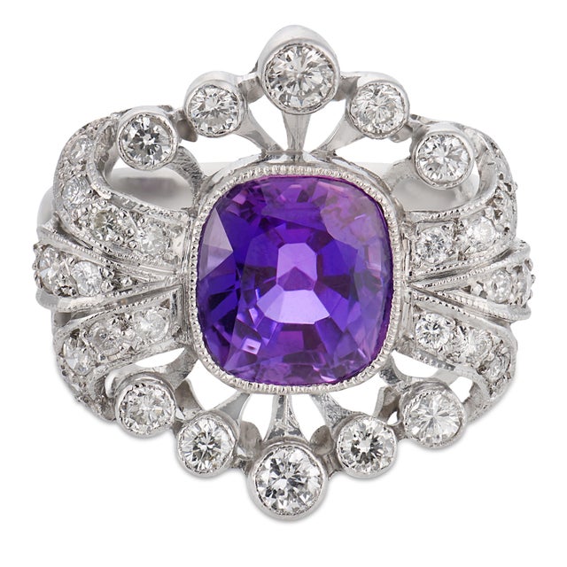 Contemporary Mid Century Amethyst Diamond Platinum Cocktail Ring, Size 4.75 For Sale - Image 3 of 6