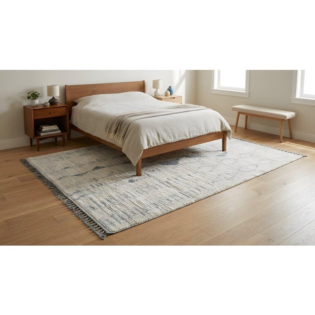6x9 Ivory Hand-Knotted Wool Linear Motifs Tribal Modern Carpet Rug For Sale - Image 10 of 12