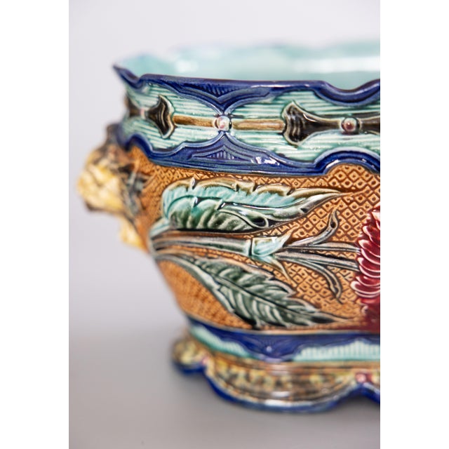 Turquoise Antique Wasmuel Majolica Barbotine Sunflower Jardiniere Cachepot, Circa 1880 For Sale - Image 8 of 15