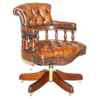 Antique Cigar Brown Leather Chesterfield Captain Armchair with Brass Castors For Sale