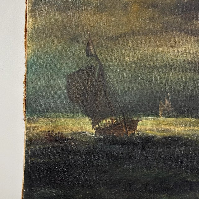 Traditional Antique 19th C. Nocturne Moonlit Seascape With Tugboat and Sailboats (C. 1857, Oil on Canvas) For Sale - Image 3 of 7