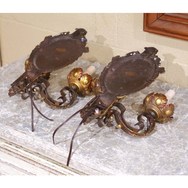 Pair of Mid-Century American Renaissance Revival Iron Two-Light Sconces For Sale - Image 11 of 11