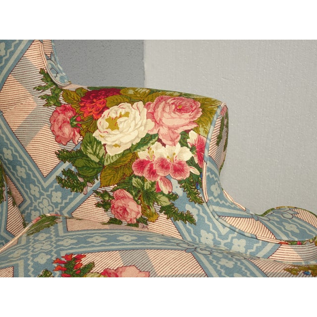 Wood Vintage Hickory French Country Blue Plaid Floral Wingback Chair by Hickory Furn. For Sale - Image 7 of 12