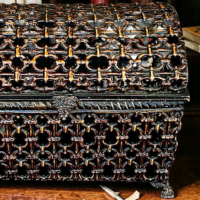 Gothic Metal Keepsake Casket Featuring an Intricate Pierced Lattice Design and Dramatic Domed Lid For Sale - Image 3 of 7