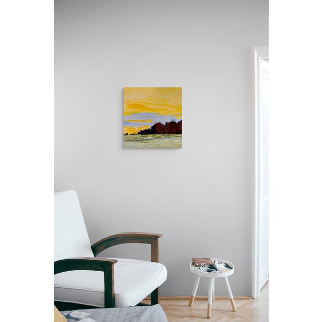 Evening's Glory captures a serene twilight landscape, where vibrant hues of orange and yellow blend seamlessly with soft...
