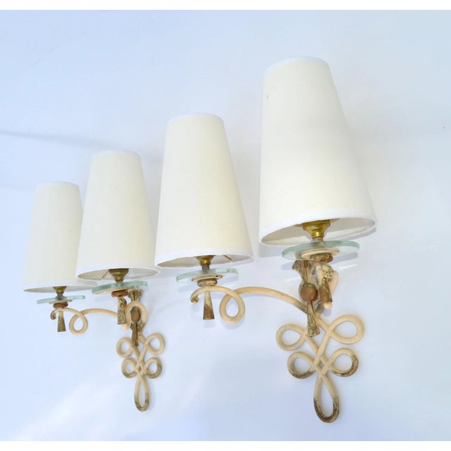 1950s French Wrought Iron & Round Glass Sconces Cone Shades, Wall Lights Art Deco 1950 For Sale - Image 5 of 13