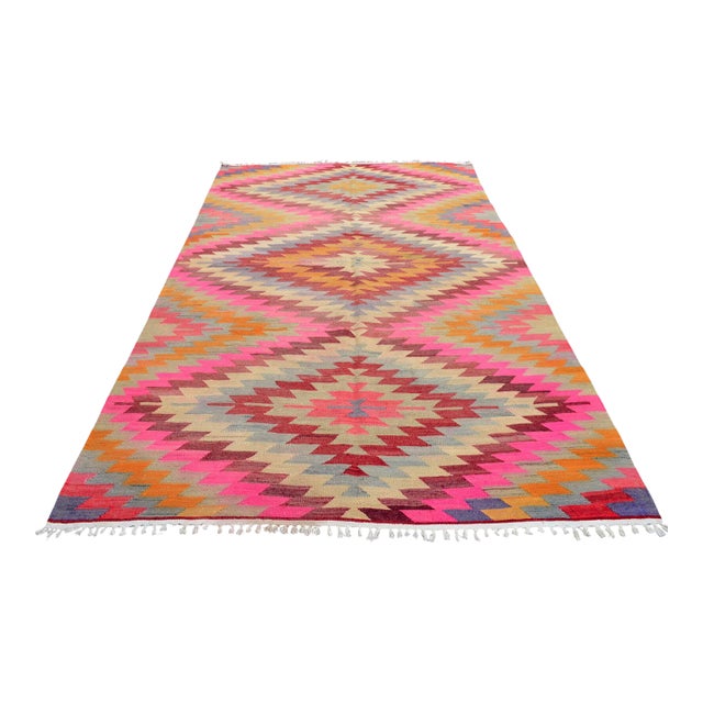 Turkish Handmade Rug Diamond Pattern Vintage Kilim Rug For Sale