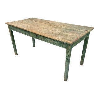 Antique French Rustic Green Pine Farm Table For Sale