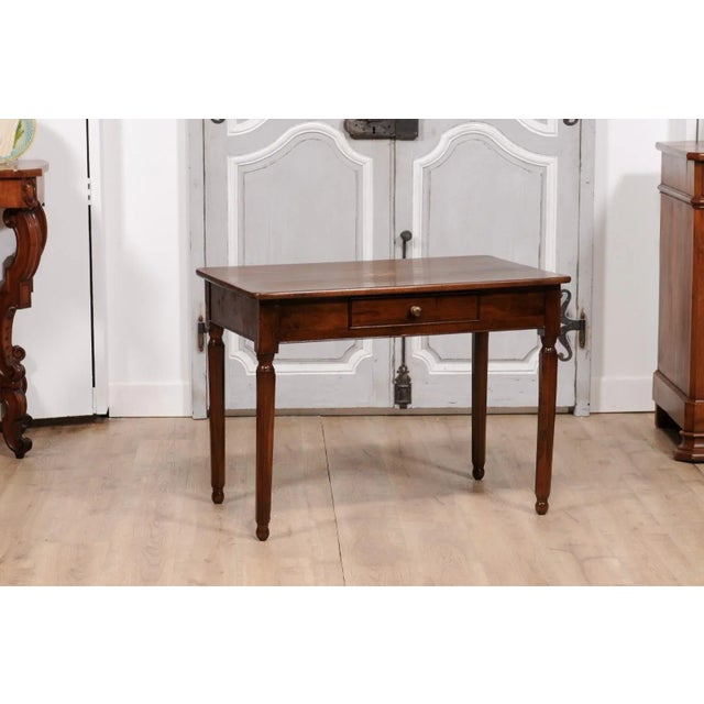 Late 19th Century Italian 1890s Walnut Side Table with Elm Marquetry Star, Drawer and Turned Legs For Sale - Image 5 of 12