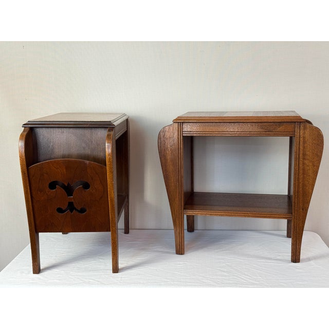 Beautiful pair of Art Deco style wooden side tables, uniquely designed to serve dual purposes as end tables and...
