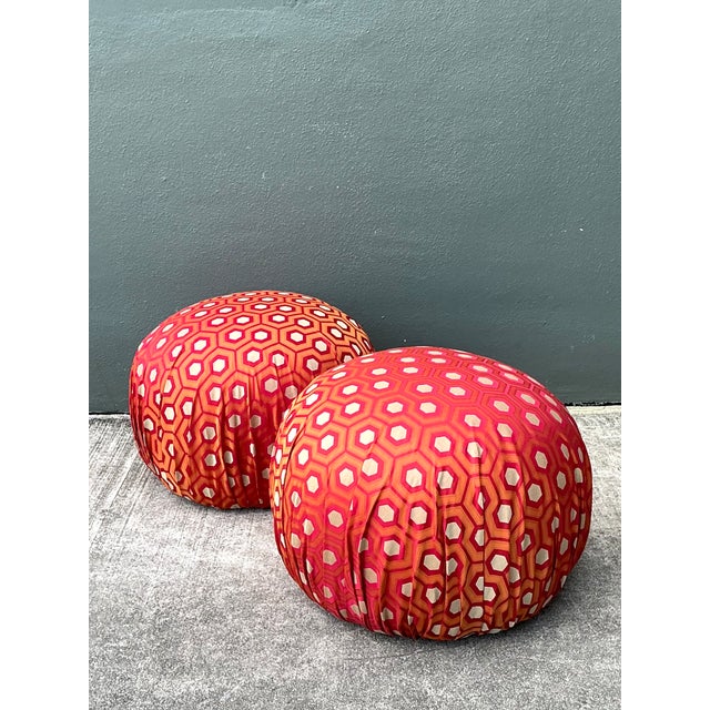 This pair of vintage geometric fabric poufs brings a vibrant, retro-inspired accent to casual seating and layered...