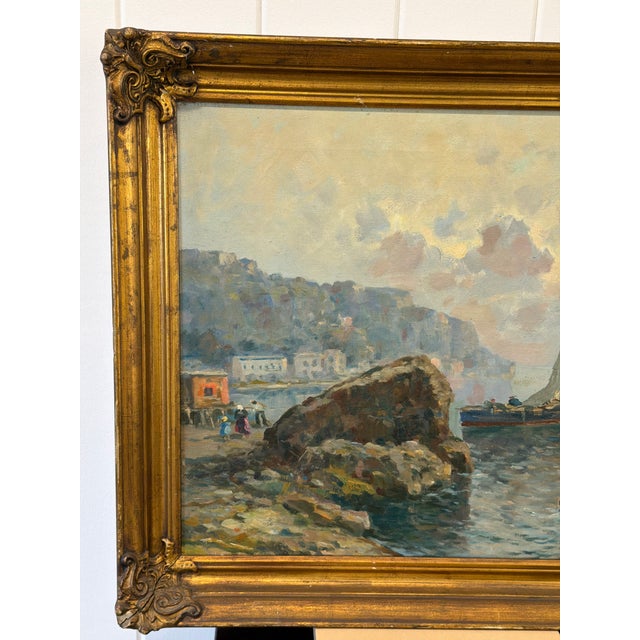 Mid-Century Original Oil on Canvas on Harbor in Giltwood Frame For Sale - Image 4 of 5