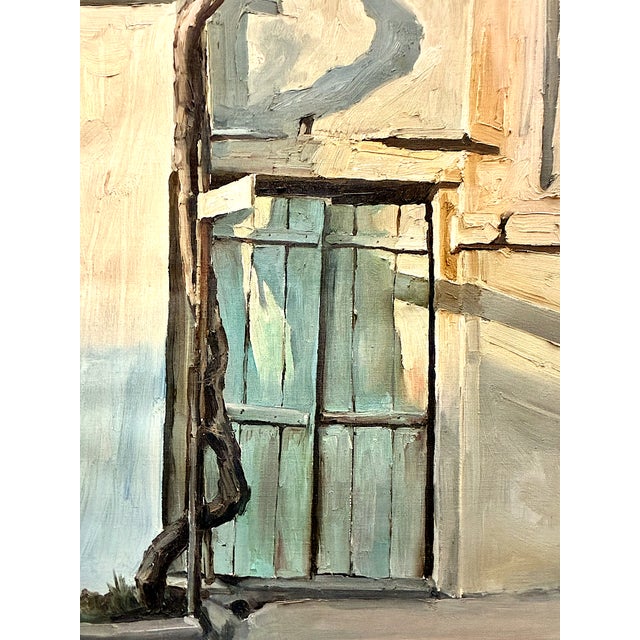 This oil painting by American-born Charles Brady (1926–1997) depicts a faded, teal-colored double door set into an old,...