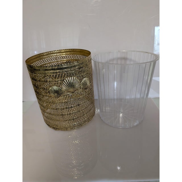 Hollywood Regency Seashell Gold Metal Filigree Wastebasket With Feet With Lucite Liner Some paint loss Beautiful See my...