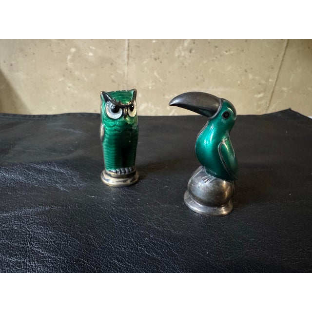 1950s Mid-Century Modern David Andersen Norwegian Sterling Silver & Enamel Owl&bird Salt and Pepper Shakers, Pair For Sale In New York - Image 6 of 12