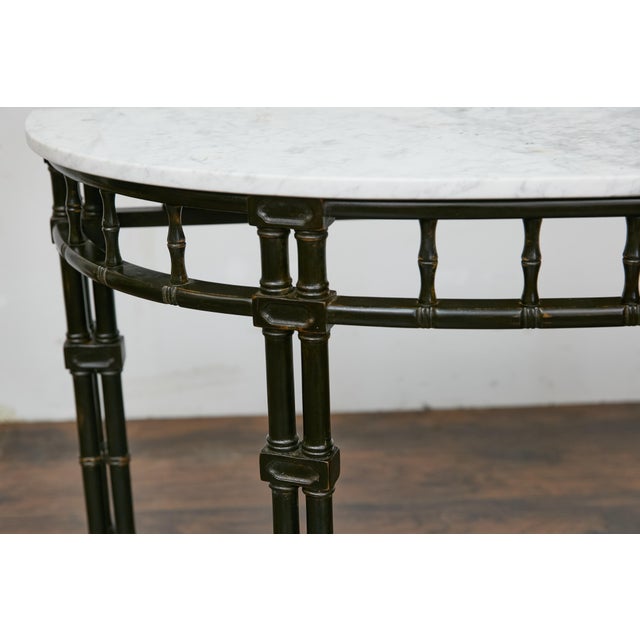Stone English Midcentury Demilune Table with Ebonized Bamboo Base, White Marble Top For Sale - Image 7 of 12