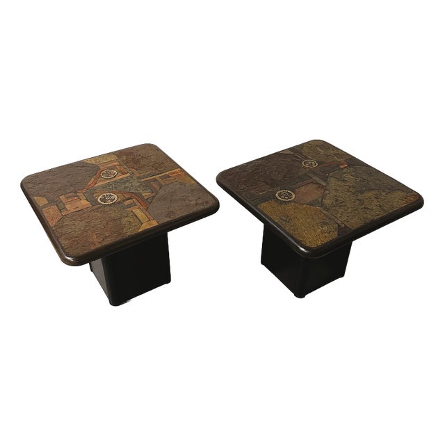 Vintage Side Tables with Sculptural Mosaic Slate Tops by E. Kneip, Set of 2 For Sale