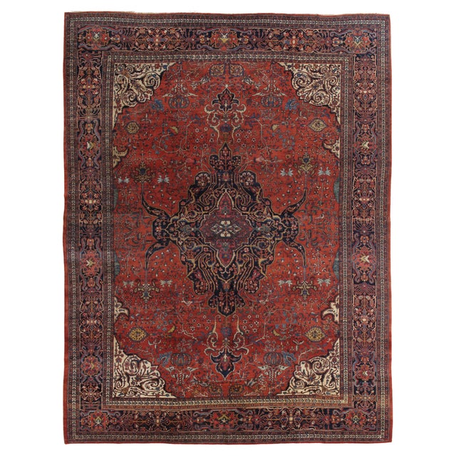 Antique Farahan Sarouk Carpet, Handmade Oriental Rug, Red, Navy, Fine Details For Sale - Image 17 of 17