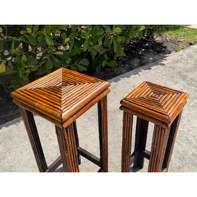 Vintage Graduated Bamboo & Rattan Pedestal Plant Stands, Pair For Sale In Naples, FL - Image 6 of 10
