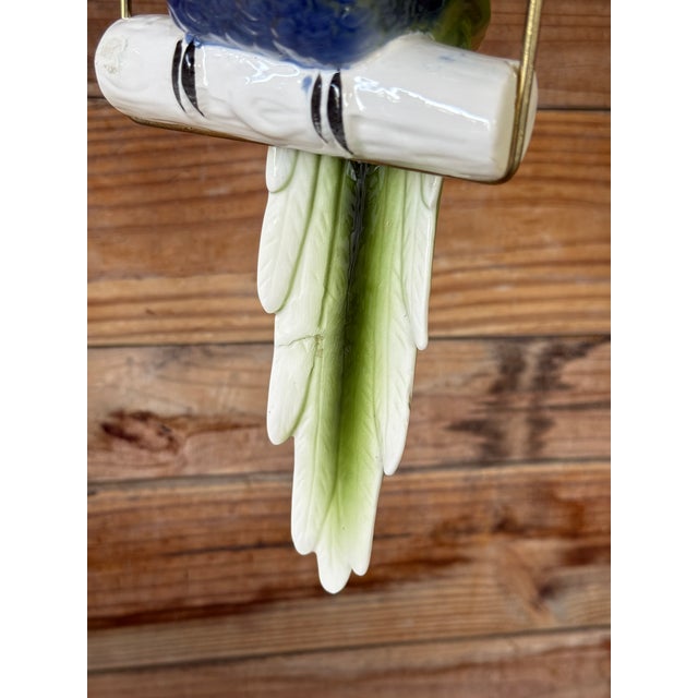 Vintage Ceramic Glazed Parrot on Brass Perch With Hanging Chain For Sale - Image 11 of 11
