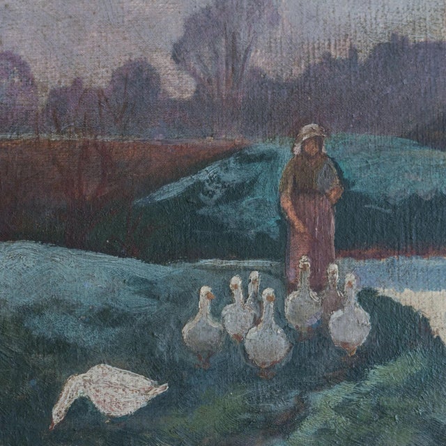 After Barbizon School, Lady Tending a Flock of Geese at Dusk or Dawn, 1920s, Oil on Canvas For Sale - Image 4 of 8