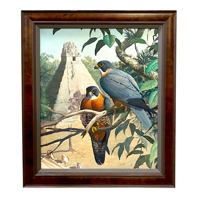 Late 20th Century Falcons Original Oil Painting Richard Sloan Style Maya Temple Birds Rainforest For Sale