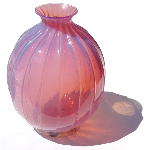 Mid-Century Modern Vintage Murano Barovier Toso Pink Opalescent Italian Art Glass Paneled Surface Decorative Flower Vase For Sale - Image 3 of 10