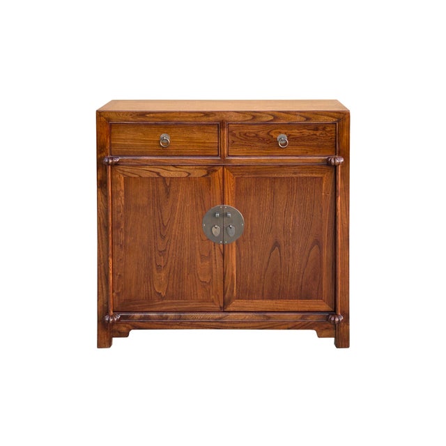 Chinese Moon Face Narrow Wood Grain Brown Drawers Side Table Cabinet For Sale - Image 4 of 16