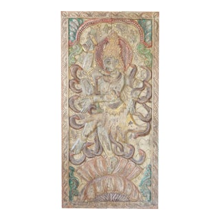 Hand-Carved Vintage Barn Door Wooden Shiva Tandav Wall Art Wall Decor 72x36 For Sale