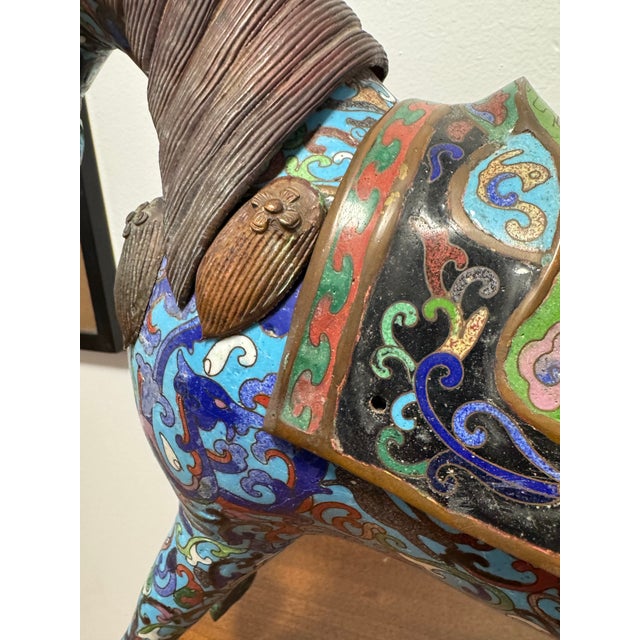 Chinese Antique Chinese Cloisonné Prancing Horse Sculpture | Large Republic Period Bronze & Enamel Figurine | Turquoise Scrollwork | 18" Asian Art For Sale - Image 3 of 12