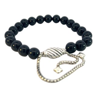 1990s David Yurman Estate Onyx Polished Beads Bracelet 6.6 - 8.5" Silver 8 Mm For Sale