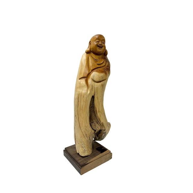 Natural Cypress Wood Root Carved Artistic Happy Buddha Figure For Sale - Image 4 of 7