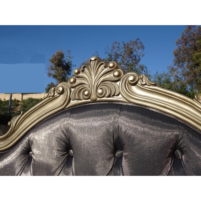 French Provincial Louis XVI Style Metallic Dark Gray Tufted Cal King Headboard For Sale - Image 9 of 17