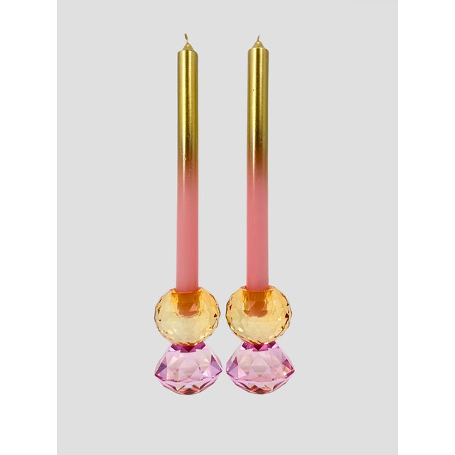 Beautiful Danish Faceted Crystal Taper Candle Holder Pair in light pink and orange. These make a lovely addition to your...