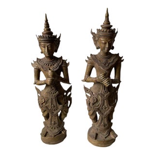 Early 19th Century Bronze South East Asian Temple Guardian Antique Statues - Set of 2 For Sale