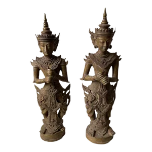 Early 19th Century Bronze South East Asian Temple Guardian Antique Statues - Set of 2