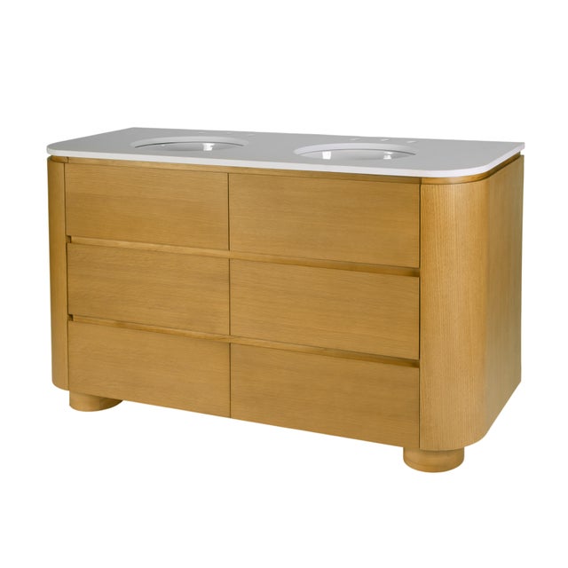 Modern Genoa 60. in. W Rectangular Wood & Quartz 4 Drawer Double Sink Bathroom Vanity, Light Oak For Sale - Image 3 of 11