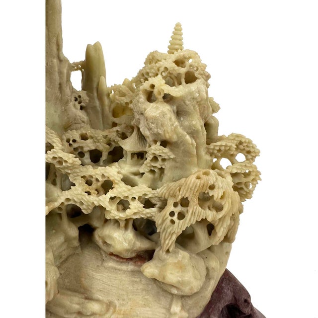 Chinese Vintage Hand Carved Chinese Soapstone Mountain Village With Pagoda Landscapes For Sale - Image 3 of 12