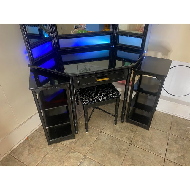 Wood 1969 Thomasville Faux Bamboo Corner Vanity With Trifold Mirror For Sale - Image 7 of 8