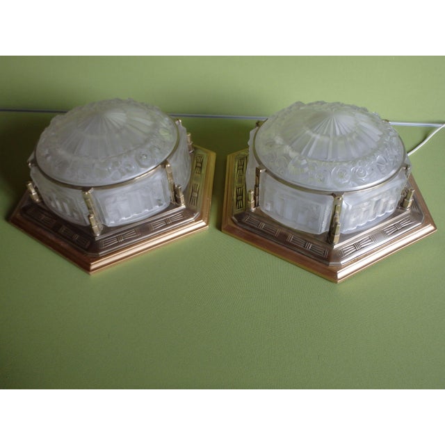 Large Art Deco Ceiling Lights in Bronze Frame and Wood, 1930, Set of 2 For Sale - Image 9 of 10