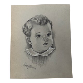1940s Original t.e. Schrock Signed Graphite Illustration of Child Portrait, 10.5 × 8.25 In. For Sale